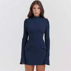 Elegant High Neck Long Sleeve Bodycon Mini Party Dress - Navy Blue