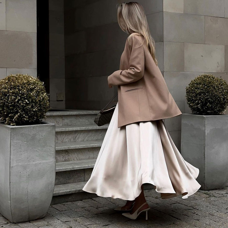 Elegant High Waist Flared A Line Polished Satin Pleated Midi Skirt - Khaki