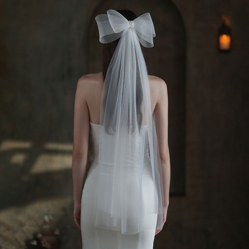Ethereal Soft Tulle Beading Trim Double Mesh Bow Long Bridal Veil