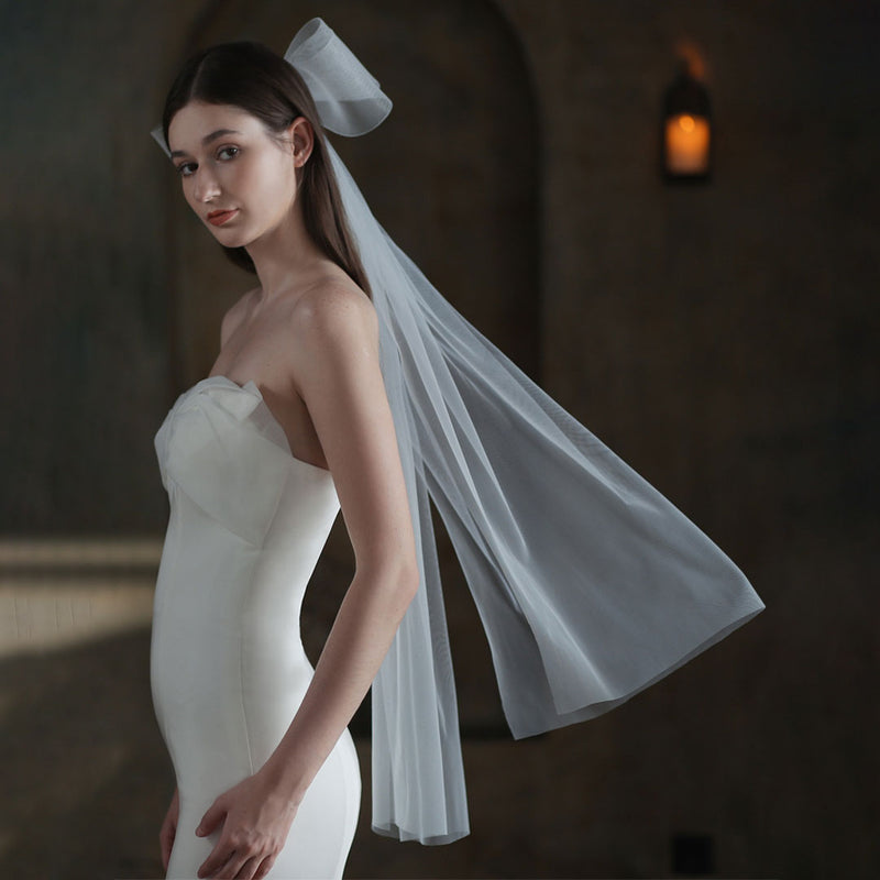 Ethereal Soft Tulle Beading Trim Double Mesh Bow Long Bridal Veil