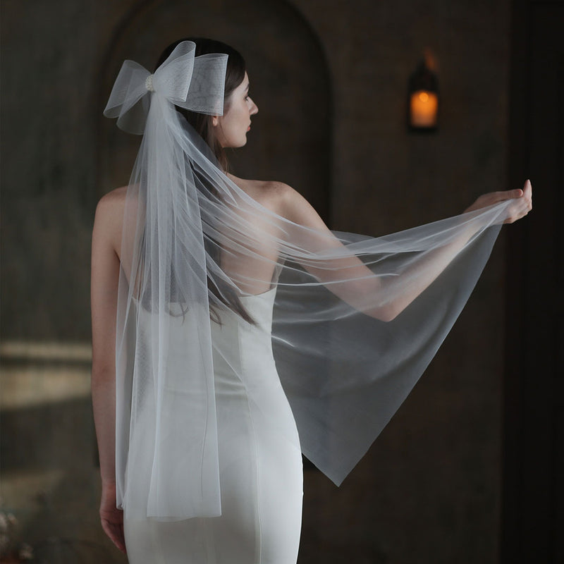 Ethereal Soft Tulle Beading Trim Double Mesh Bow Long Bridal Veil