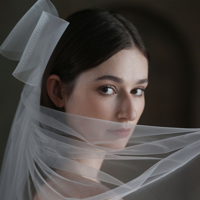 Ethereal Soft Tulle Beading Trim Double Mesh Bow Long Bridal Veil