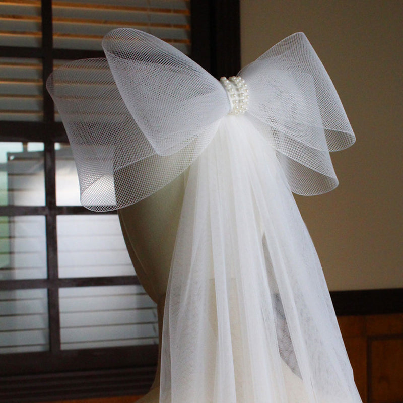 Ethereal Soft Tulle Beading Trim Double Mesh Bow Long Bridal Veil
