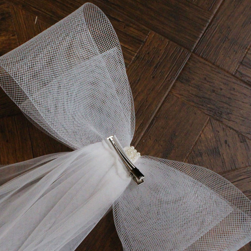 Ethereal Soft Tulle Beading Trim Double Mesh Bow Long Bridal Veil