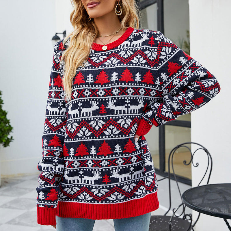 Festival Christmas Pattern Rib Knit Long Sleeve Pullover Sweater - Navy Blue