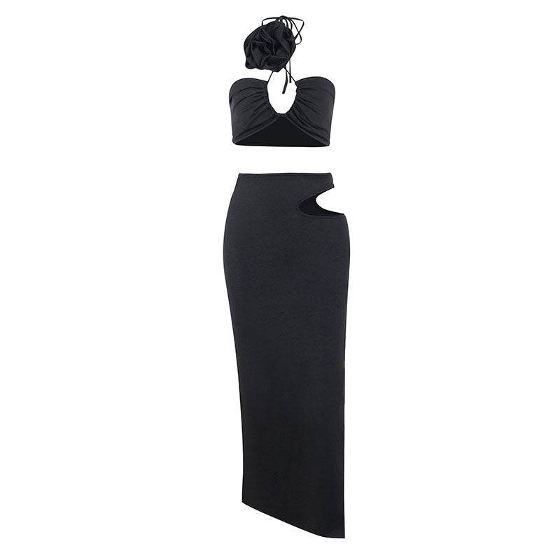 Rosette Floral Appliqué Halter Crop Top Cutout Split Midi Skirt Matching Set - Black