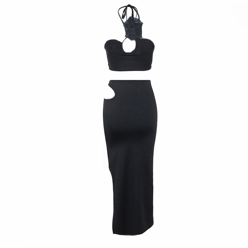 Rosette Floral Appliqué Halter Crop Top Cutout Split Midi Skirt Matching Set - Black