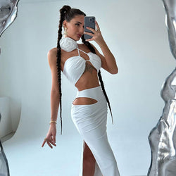 Rosette Floral Appliqué Halter Crop Top Cutout Split Midi Skirt Matching Set - White