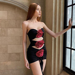 Rosette Floral Appliqué Ruched Choker Neck Cut Out Strapless Party Mini Dress - Black