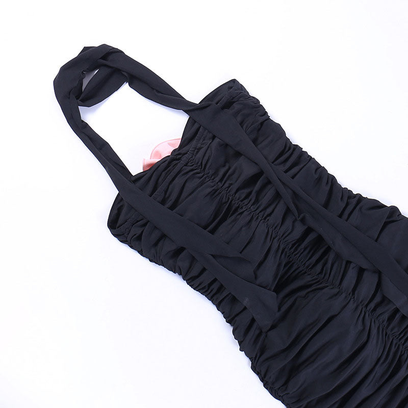 Rosette Floral Appliqué Ruched Choker Neck Cut Out Strapless Party Mini Dress - Black