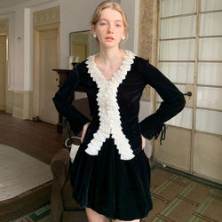 French Style Ruffle V Neck Hook & Eye Flared Long Sleeve Knit Cardigan - Black