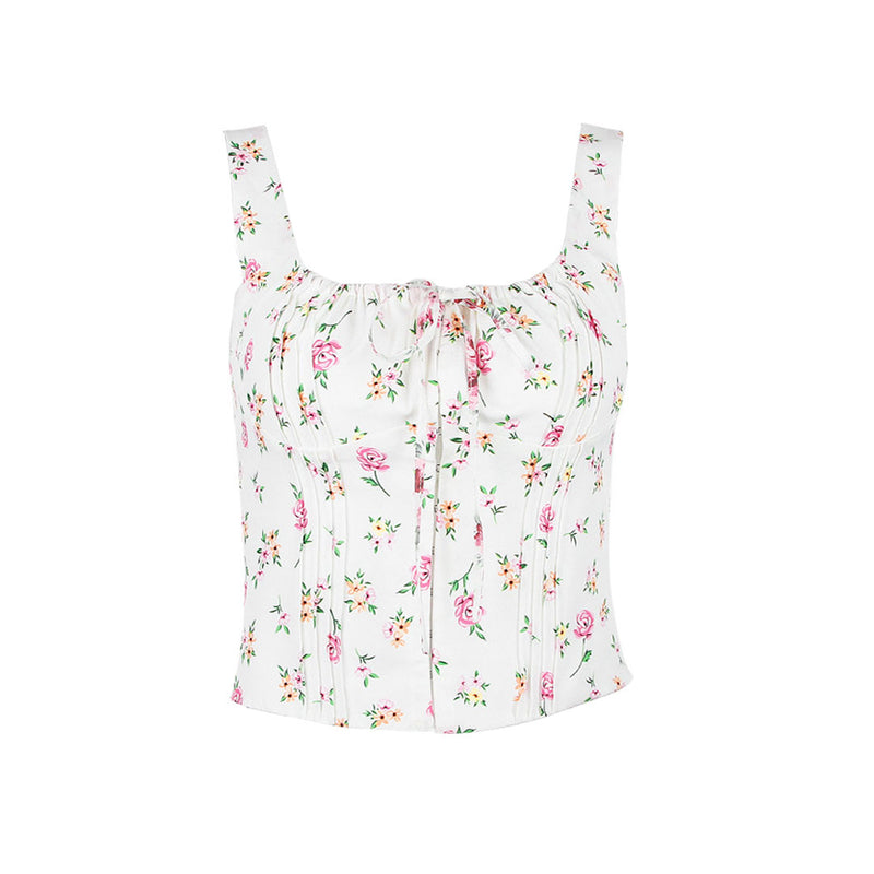 Fresh Tie Front Square Neck Frill Bustier Floral Printed Tank Top - Pink