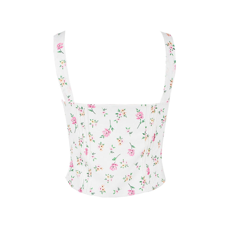 Fresh Tie Front Square Neck Frill Bustier Floral Printed Tank Top - Pink
