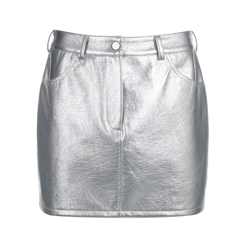 Futuristic Metallic Effect Single Button High Waist Bodycon Mini Skirt - Silver