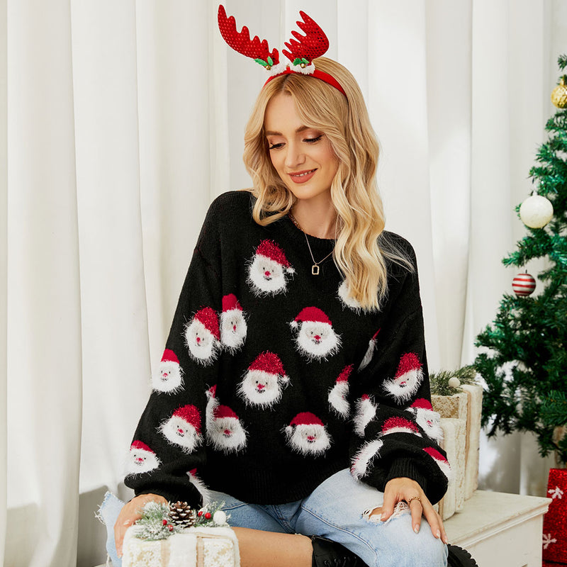 Fuzzy Christmas Santa Claus Rib Knit Crew Neck Oversized Sweater - Black
