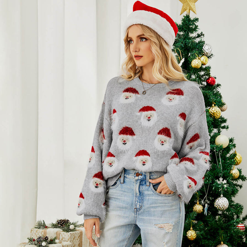 Fuzzy Christmas Santa Claus Rib Knit Crew Neck Oversized Sweater - Gray
