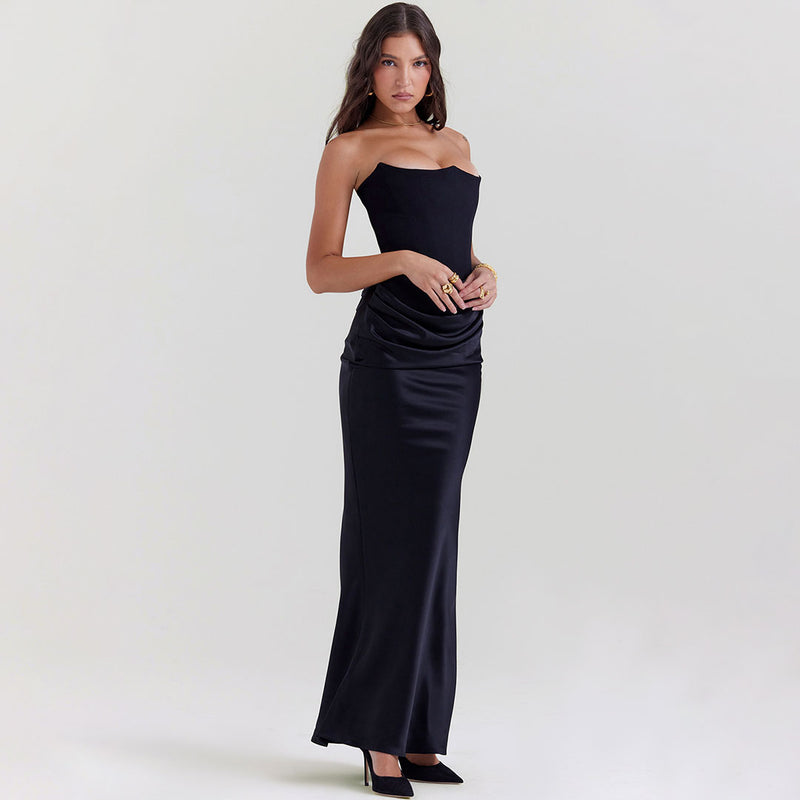 Glossy Satin Bustier Strapless Corset Maxi Fishtail Formal Dress