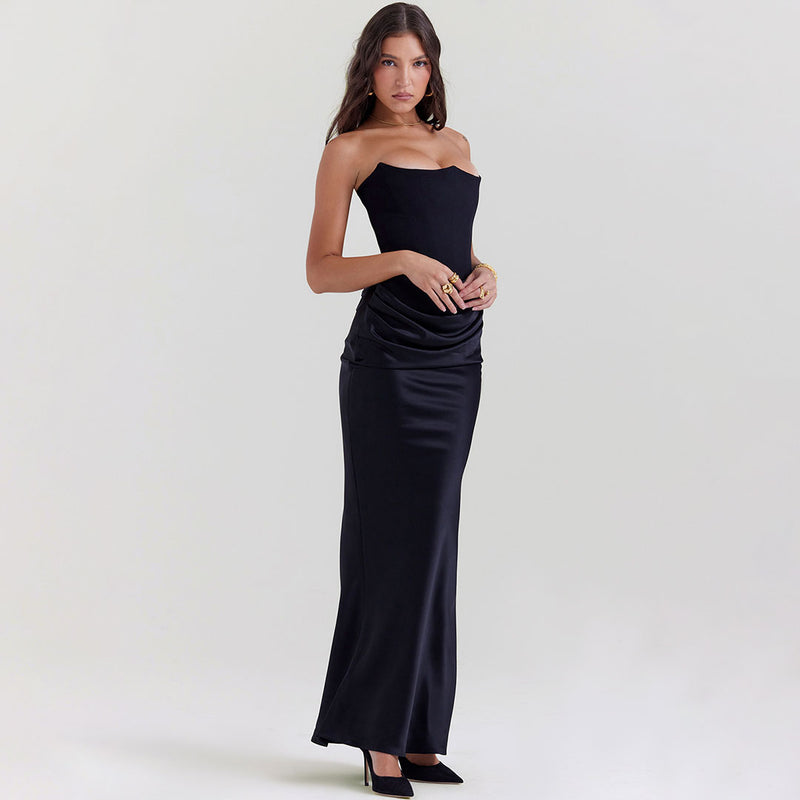 Glossy Satin Bustier Strapless Corset Maxi Fishtail Formal Dress - Black