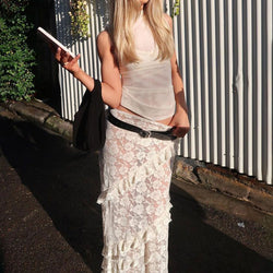 Gothic Style High Waist Ruffle Fishtail Rose Lace Sheer Midi Skirt - White