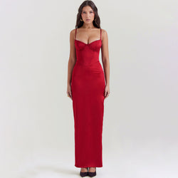 Luxury Bustier Satin Sleeveless Cami Corset Evening Maxi Dress - Red