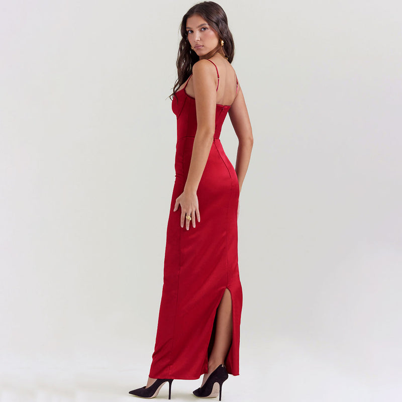 Luxury Bustier Satin Sleeveless Cami Corset Evening Maxi Dress - Red