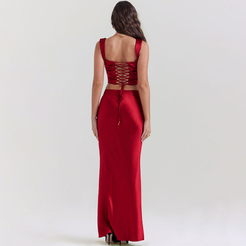 Luxury Cowl Neck Lace Up Satin Corset Top Maxi Skirt Matching Set - Burgundy