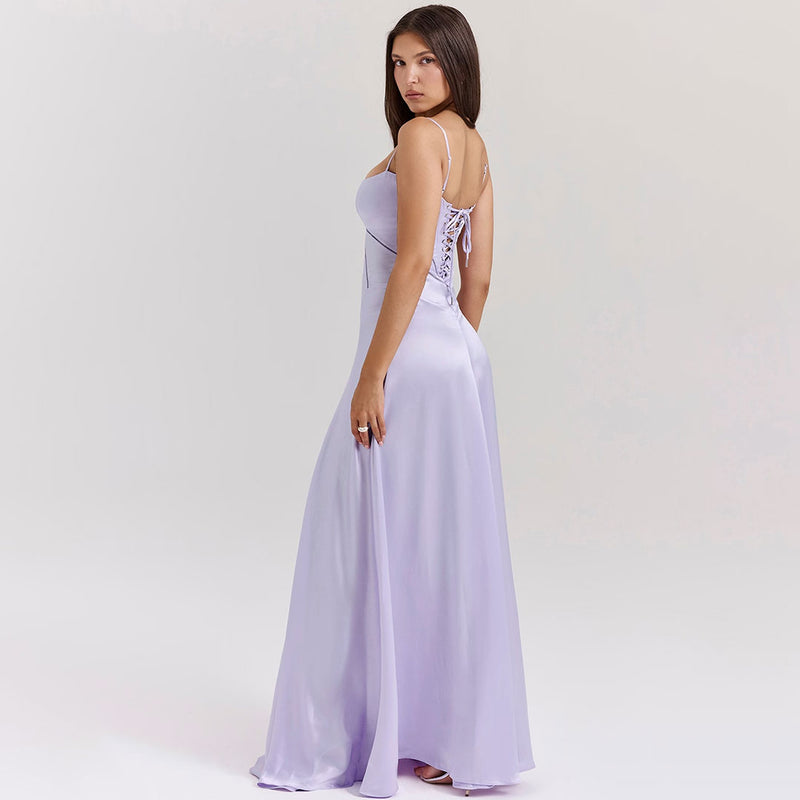 Luxury Scoop Neck Lace Up Back Drop Waist Satin Slip Maxi Formal Dress