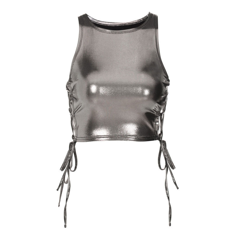 Metallic Solid Color Crew Neck Lace Up Sleeveless Crop Top - Silver