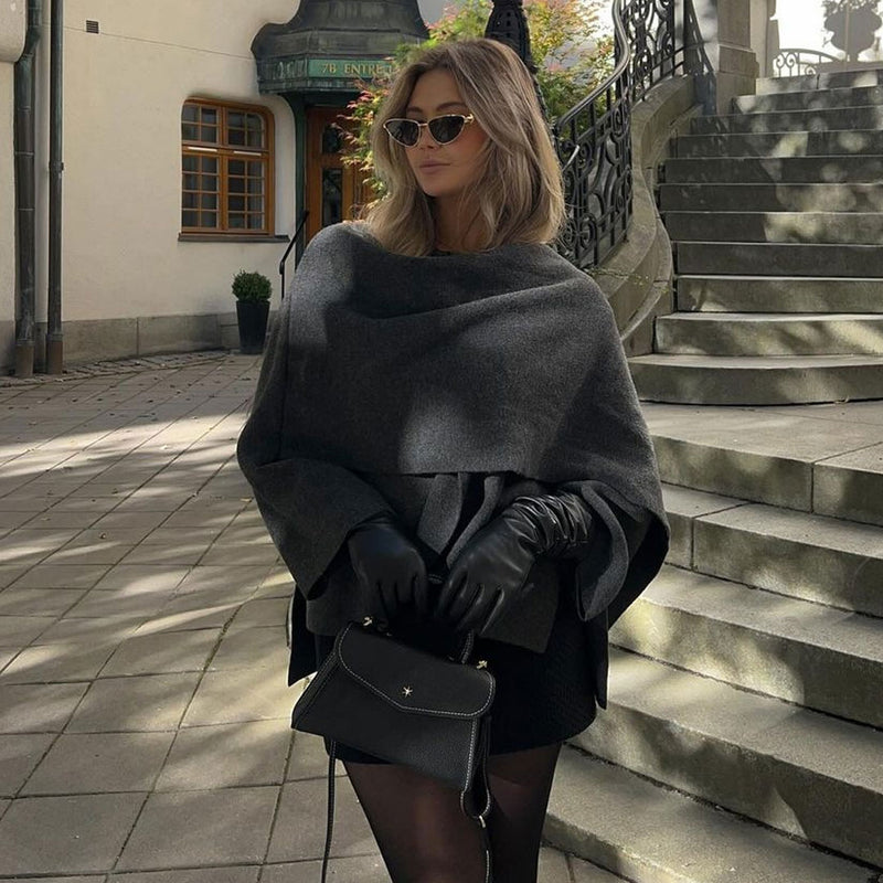 Minimalist One Button Wide Sleeve High Low Oversized Scarf Cardigan