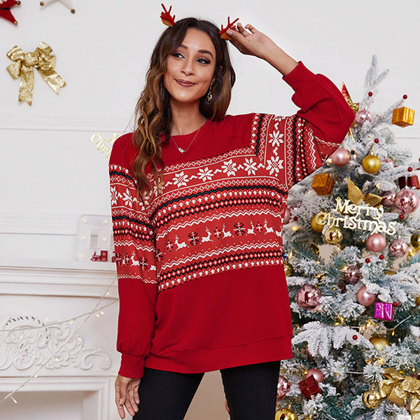 Nordic Fair Isle Crew Neck Long Sleeve Christmas Oversized Top - Red