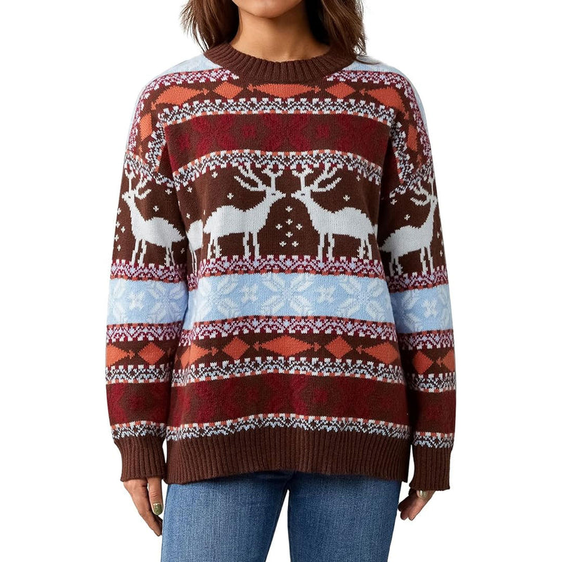 Nordic Fair Isle Crew Neck Oversized Christmas Pullover Sweater - Brown