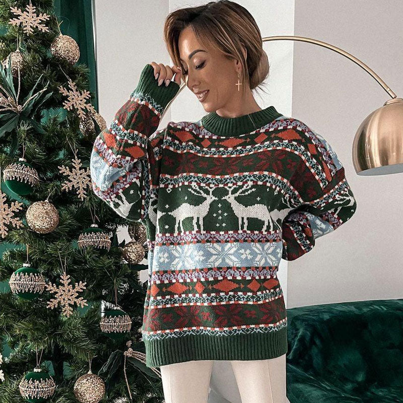 Nordic Fair Isle Crew Neck Oversized Christmas Pullover Sweater - Green