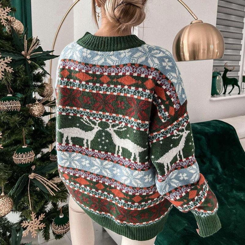 Nordic Fair Isle Crew Neck Oversized Christmas Pullover Sweater - Green
