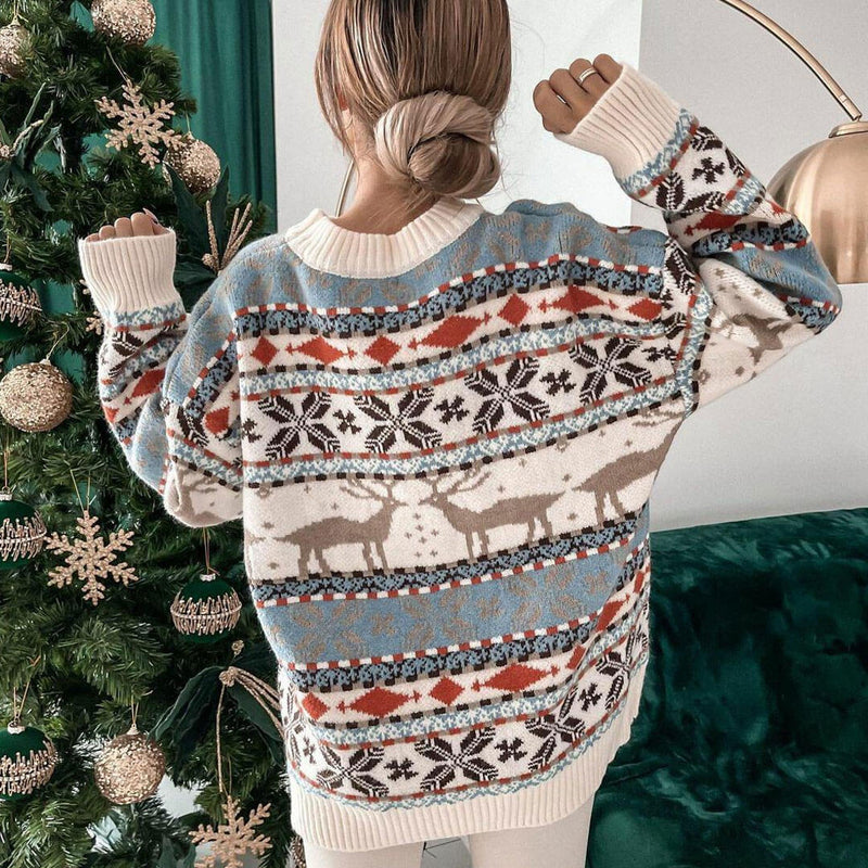 Nordic Fair Isle Crew Neck Oversized Christmas Pullover Sweater - Beige