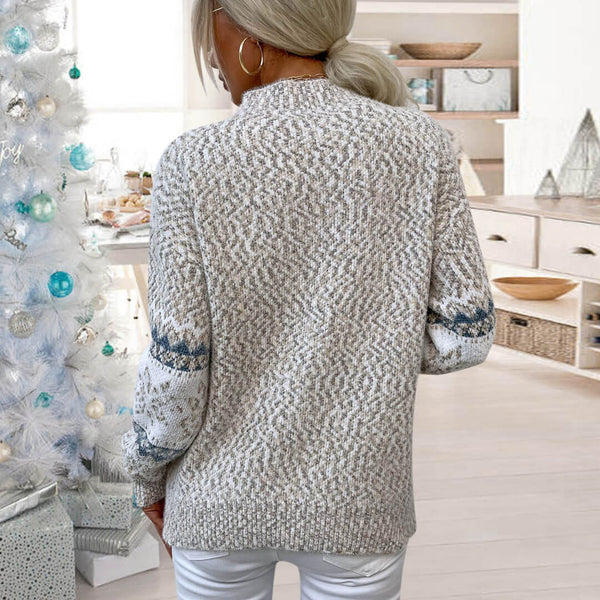 Nordic Fair Isle Mock Neck Chenille Marled Knit Snowflake Pullover Sweater - Apricot