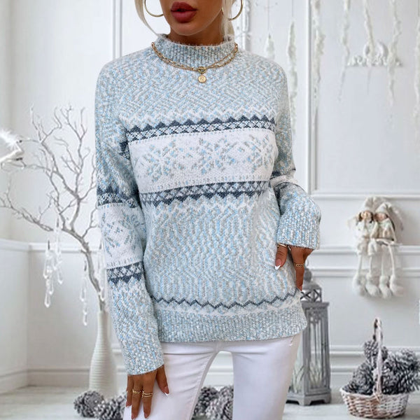 Nordic Fair Isle Mock Neck Chenille Marled Knit Snowflake Pullover Sweater - Blue