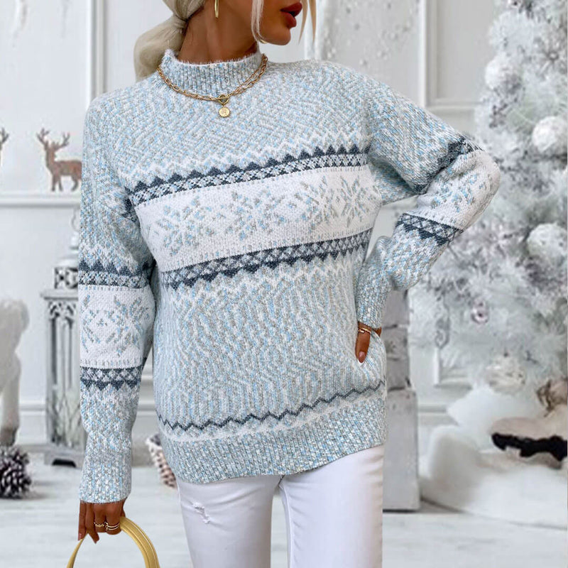 Nordic Fair Isle Mock Neck Chenille Marled Knit Snowflake Pullover Sweater - Blue