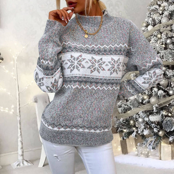 Nordic Fair Isle Mock Neck Chenille Marled Knit Snowflake Pullover Sweater - Gray