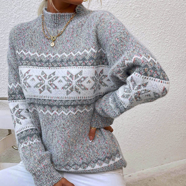Nordic Fair Isle Mock Neck Chenille Marled Knit Snowflake Pullover Sweater - Gray