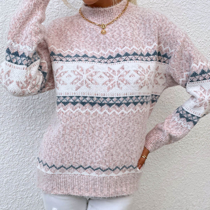 Nordic Fair Isle Mock Neck Chenille Marled Knit Snowflake Pullover Sweater - Pink