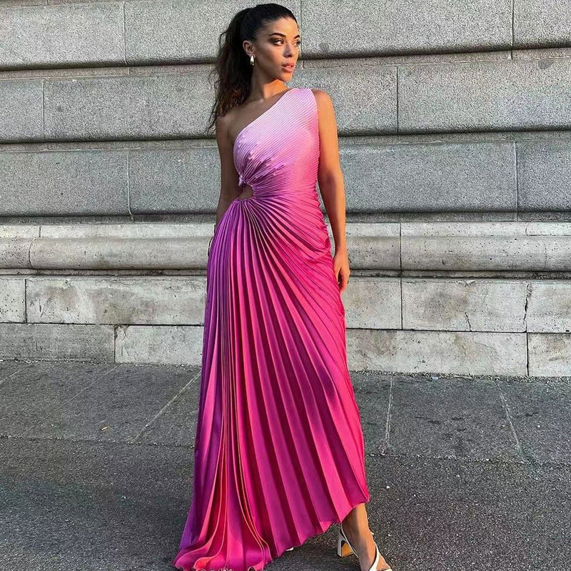 Ombre One Shoulder Drawstring Cutout Waist Asymmetrical Pleated Dress - Hot Pink