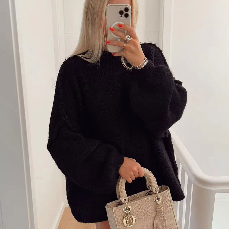 Oversized Solid Color Mock Neck Bishop Sleeve Inside Out Pullover Sweater