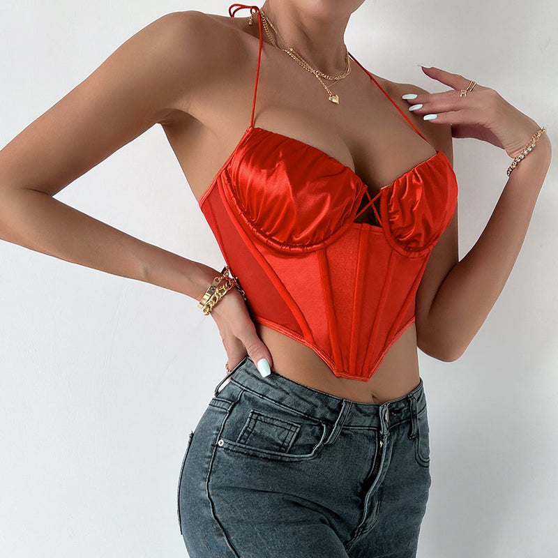 Polished Ruched Sweetheart Sheer Mesh Satin Crop Corset Top - Orange R –  Trendy & Unique