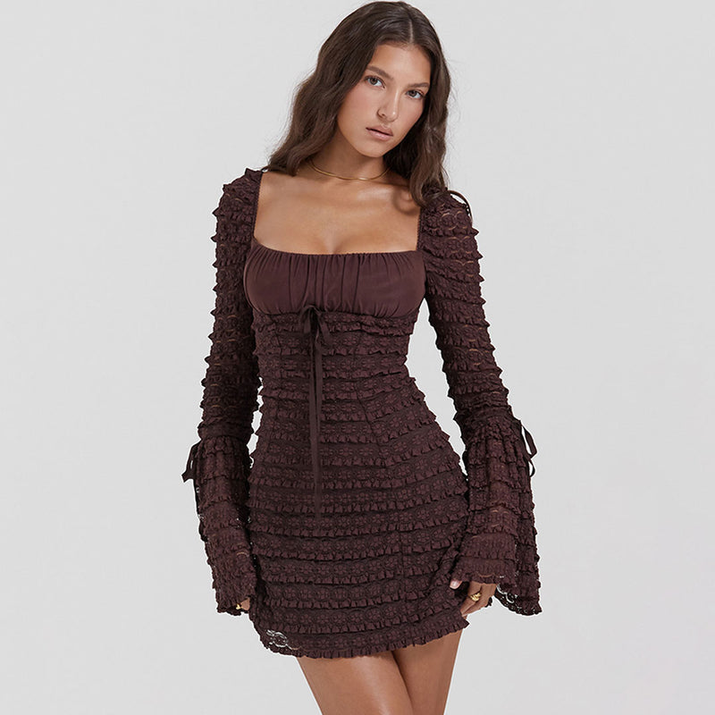 Retro Bow Square Neck Sheer Bell Sleeves Layered Lace Mini Dress - Brown