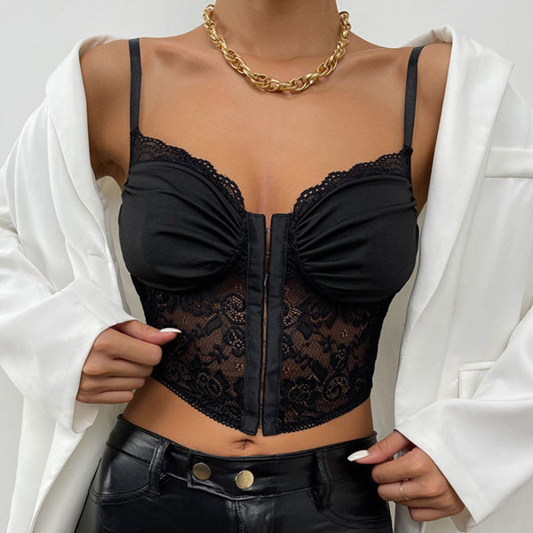Romantic Bustier Hook and Eye Cropped Sheer Floral Lace Top - Black