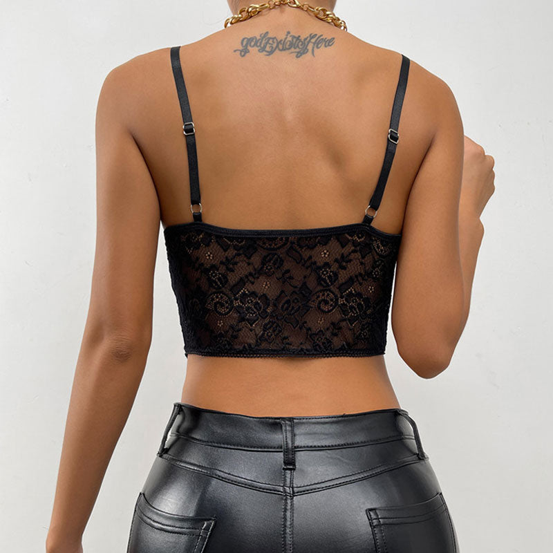 Romantic Bustier Hook and Eye Cropped Sheer Floral Lace Top - Black