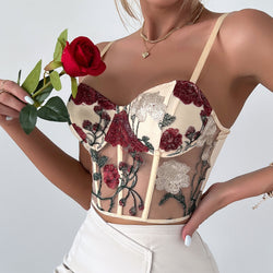 Romantic Floral Embroidered Sheer Mesh Cropped Corset Top - Apricot