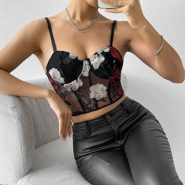 Romantic Floral Embroidered Sheer Mesh Cropped Corset Top - Black