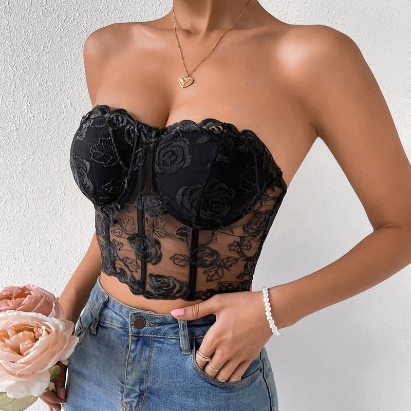 Romantic Rose Embroidered Sheer Tulle Crop Corset Tube Top - Black