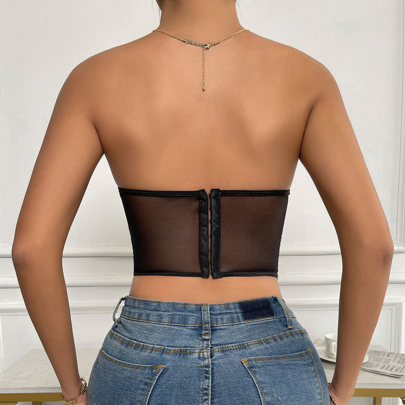 Romantic Rose Embroidered Sheer Tulle Crop Corset Tube Top - Black